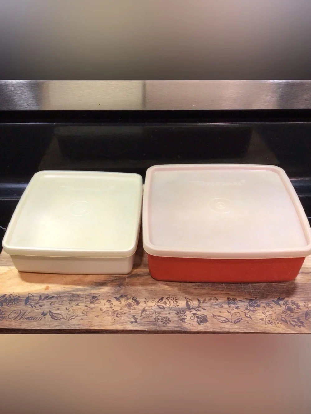 Vtg Tupperware Square Away Sandwich Keepers Set Almond & Paprika Red 670 1458